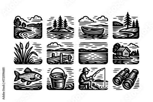 Vintage style minimalist nature and fishing icons set