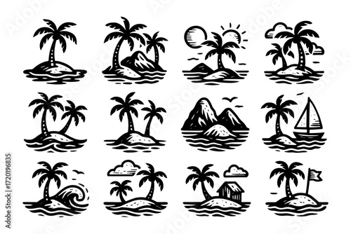 Tropical island paradise icons with palm trees and waves in black and white style
