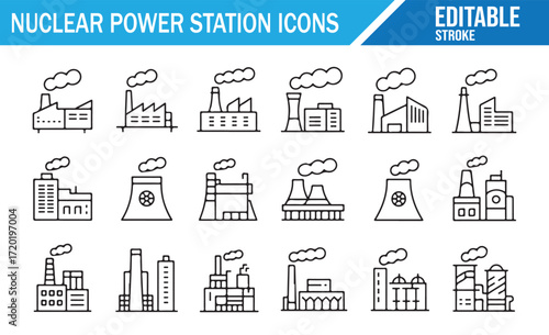 Monochrome Set of Nuclear Power Plant Icons for Renewable Energy Design
