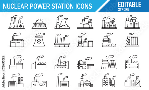 Collection of Nuclear Reactor and Power Station Icons for Engineering