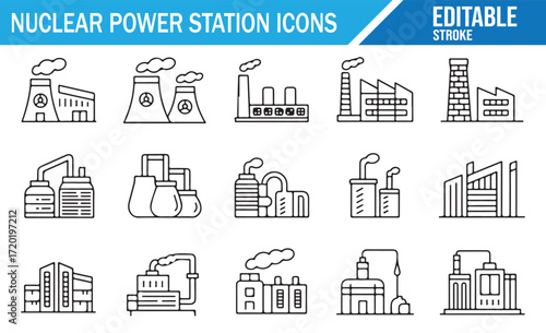 Set of Minimalist Nuclear Power Plant Icons for Digital Design