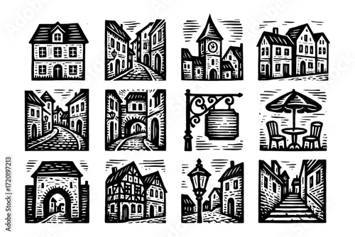 Charming european village scenes in woodcut style: streets and architecture