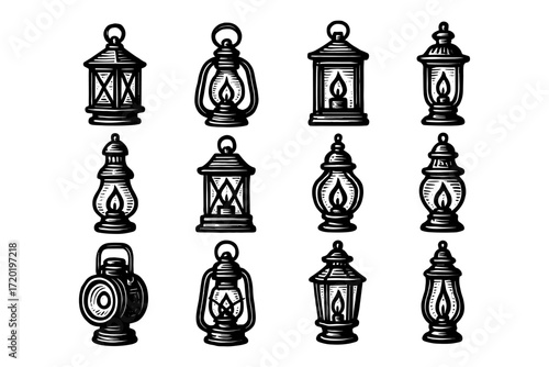 Vintage lantern collection in hand drawn style featuring rustic designs and classic shapes