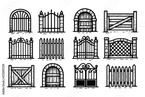 Set of vintage gates and fences in linear black and white style