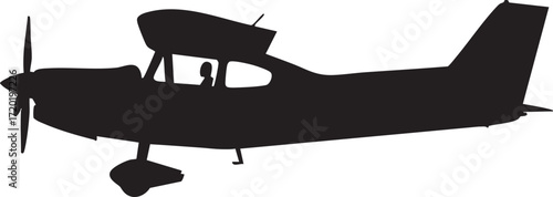Silhouette of a single engine propeller airplane with a pilot visible inside aircraft aviation