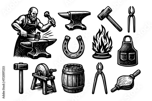Blacksmith tools and icons set in vintage woodcut style