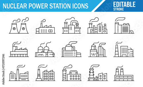 Industrial Icons Representing Nuclear Power Stations and Reactors