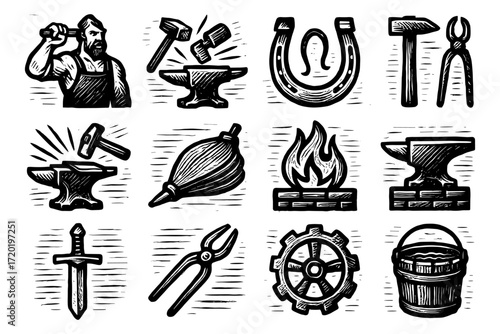 Vintage blacksmith tools and artisan elements in hand drawn woodcut style