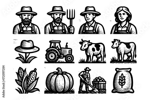 Rustic farming collection featuring farmers, livestock, and crops in vintage woodcut style
