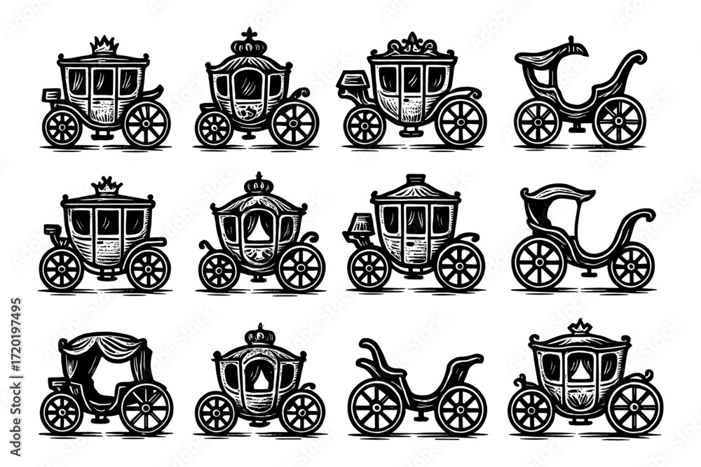 Obraz premium Vintage carriages set with ornate designs in black silhouette style
