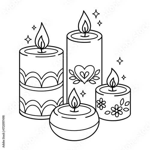 Burning candles doodle set. Different wax candles. Hand drawn black and white isolated, line art. Ideal for web graphic, design, poster, tattoo, stickers, Coloring page, art therapy. Vector image