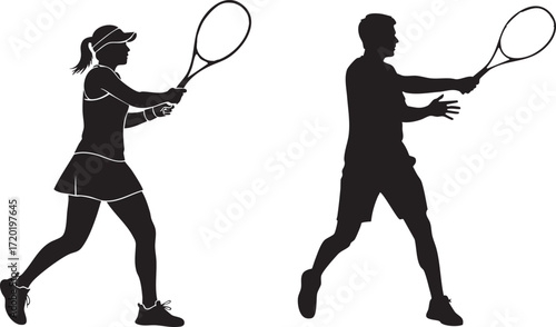 Silhouette of a woman and man playing tennis with racquets on background sport recreation