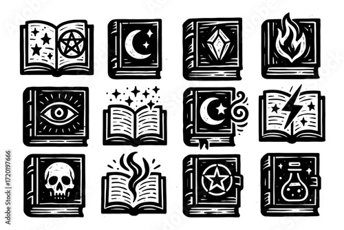 Magical book icons collection with mystical symbols and elements