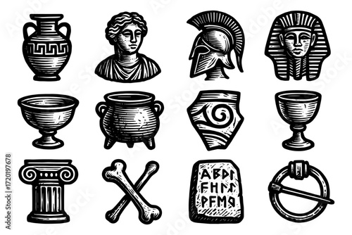 Ancient greek and egyptian artifacts in vintage hand drawn style