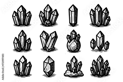 Hand-drawn crystal collection with intricate line details