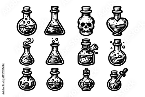 Hand drawn vintage potion bottles collection with unique shapes and magical details