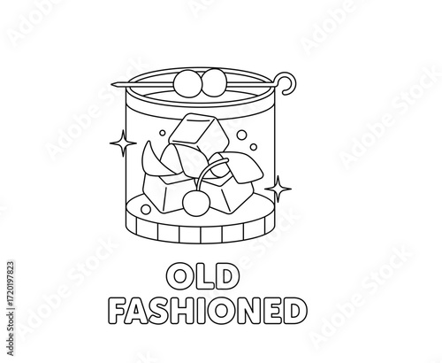 Old Fashioned Cocktail Line Art with Ice Cubes and Cherries. Black and white drink vector illustration. Colouring book.