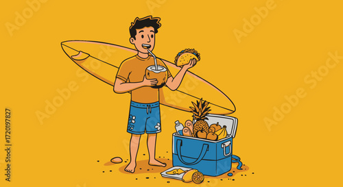 Surfer Enjoying Refreshments at the Beach Summer Fun with Surfboard and Cooler