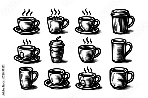 Vintage coffee icons: diverse cup and mug designs with hand drawn style