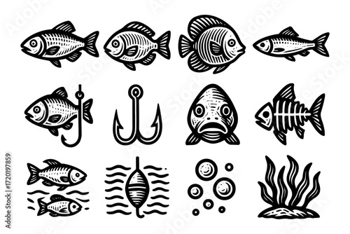 Vintage fishing elements with fish, hooks, and marine symbols