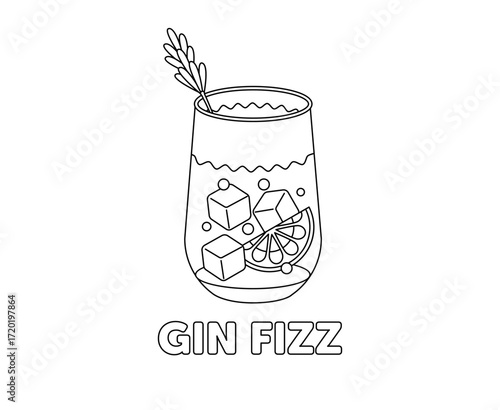 Gin Fizz Cocktail Line Art with Ice Cubes and Citrus Slice. Black and white drink vector illustration. Colouring book.