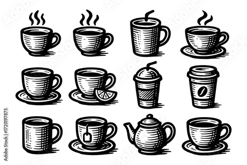 Elegant black and white coffee cup collection with vintage design elements