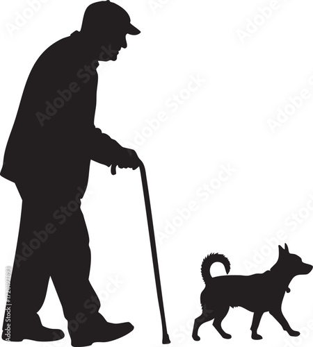 Silhouette of an elderly man with a cane walking a small dog vector