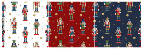 Nutcracker soldiers, stars and ornaments seamless pattern set. Christmas celebration wallpaper. Winter celebration concept.