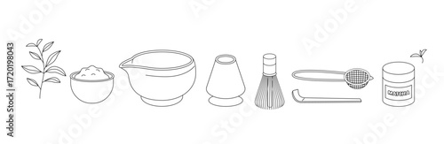 Matcha Matcha tea set with bowl, whisk, scoop, and powder. Matcha ceremony tools. Vector line illustration of tea preparation.