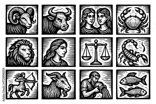Zodiac signs in vintage woodcut style: aries, taurus, gemini, cancer, leo, virgo, libra, scorpio, sagittarius, capricorn, aquarius, pisces