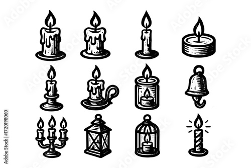 Vintage candle and lantern collection with black ink details