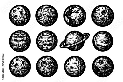 Vintage planetary designs: detailed hand-drawn set of celestial bodies in black and white