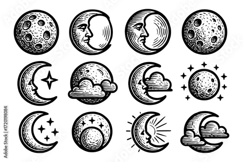 Vintage moon and celestial bodies set with hand-drawn style
