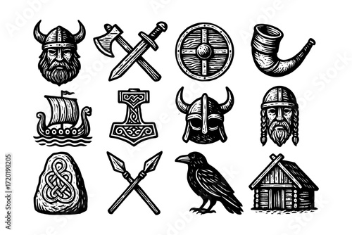 Nordic symbols collection: viking helmets, weapons, and mythical icons in black and white