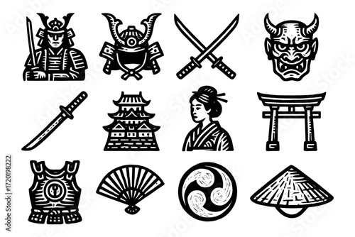 Traditional japanese icons: samurai, katana, oni, and cultural symbols in black and white design