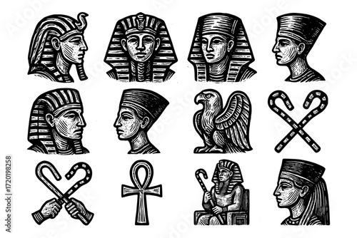 Ancient egyptian symbols and pharaoh figures in detailed black and white engraving