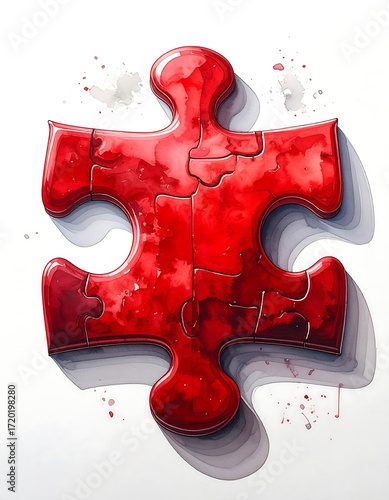 A vibrant red jigsaw puzzle piece, rendered with artistic shading and texture
