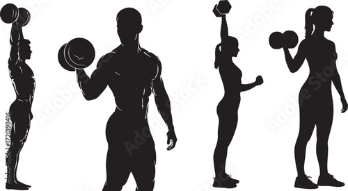 Silhouettes of men and women exercising with dumbbells on background woman fitness