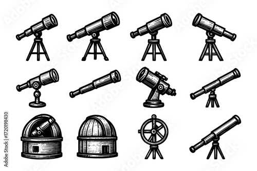 Retro telescope and observatory set in engraved woodcut style for astronomy enthusiasts