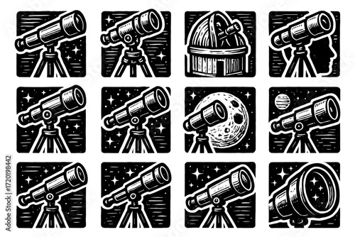 Vintage astronomy telescopes and celestial objects in retro black and white design