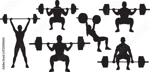 Silhouettes of men and women performing various weightlifting exercises with barbells fitness