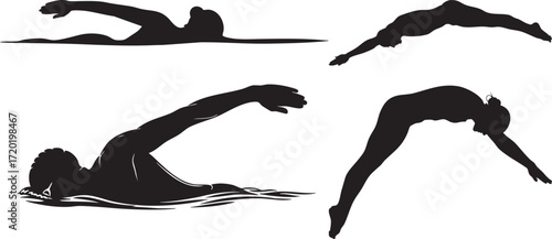 Silhouette of swimmers in various poses on background swimming water