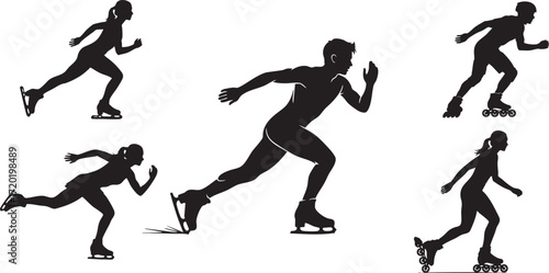 Silhouettes of people ice skating and roller skating in motion skate
