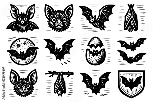 Vintage bat collection featuring detailed woodcut style designs perfect for halloween decor
