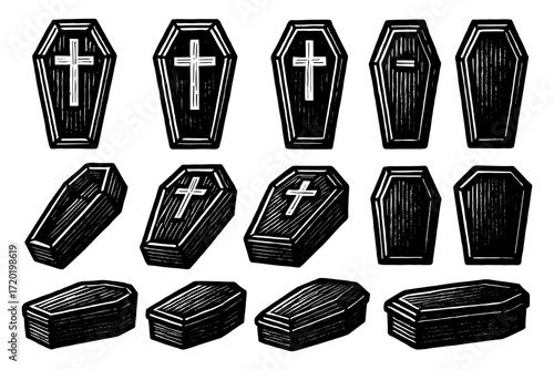 Vintage wooden coffin set with cross design in retro engraving style