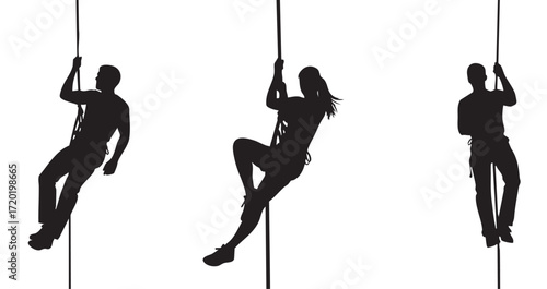 Vector of three silhouettes of people climbing ropes against a background vector