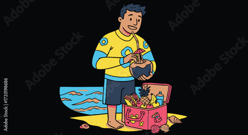 Beach Vendor Illustration Young Man with Cooler Full of Snacks