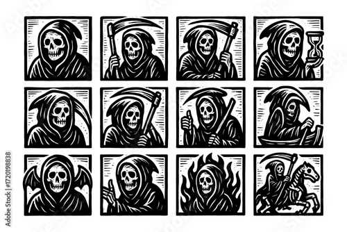 Grim reaper collection: mysterious hooded figures with scythes and more in monochrome style