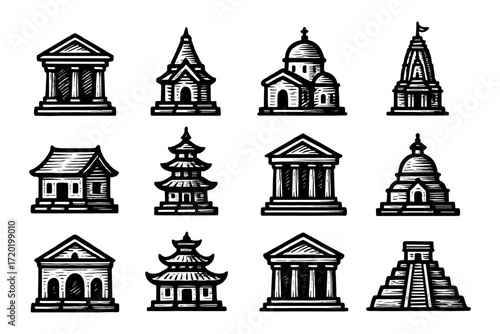 Iconic world architecture in black and white decorative style collection
