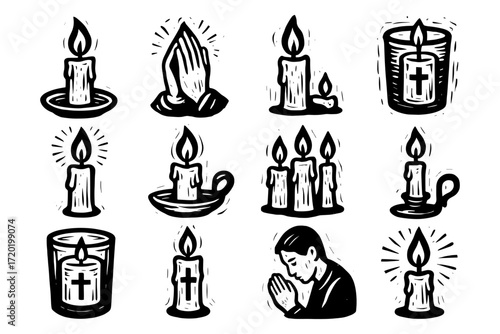 Hand drawn candle and prayer icons for faith and reflection